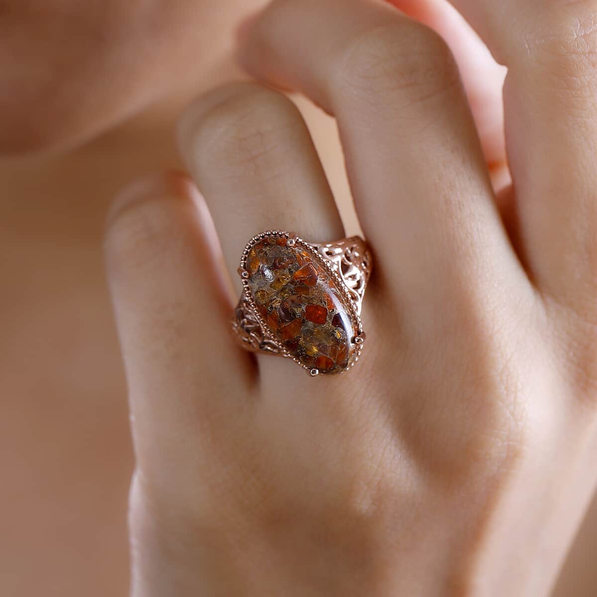 Matrix Fire Opal 7.15 ctw Solitaire Ring in 14K RG Over Copper with Magnet (Size 5.0) image number 2