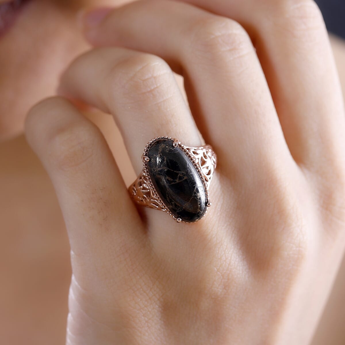 Matrix Silver Shungite 7.65 ctw Solitaire Ring in 14K RG Over Copper with Magnet (Size 11.0) image number 2