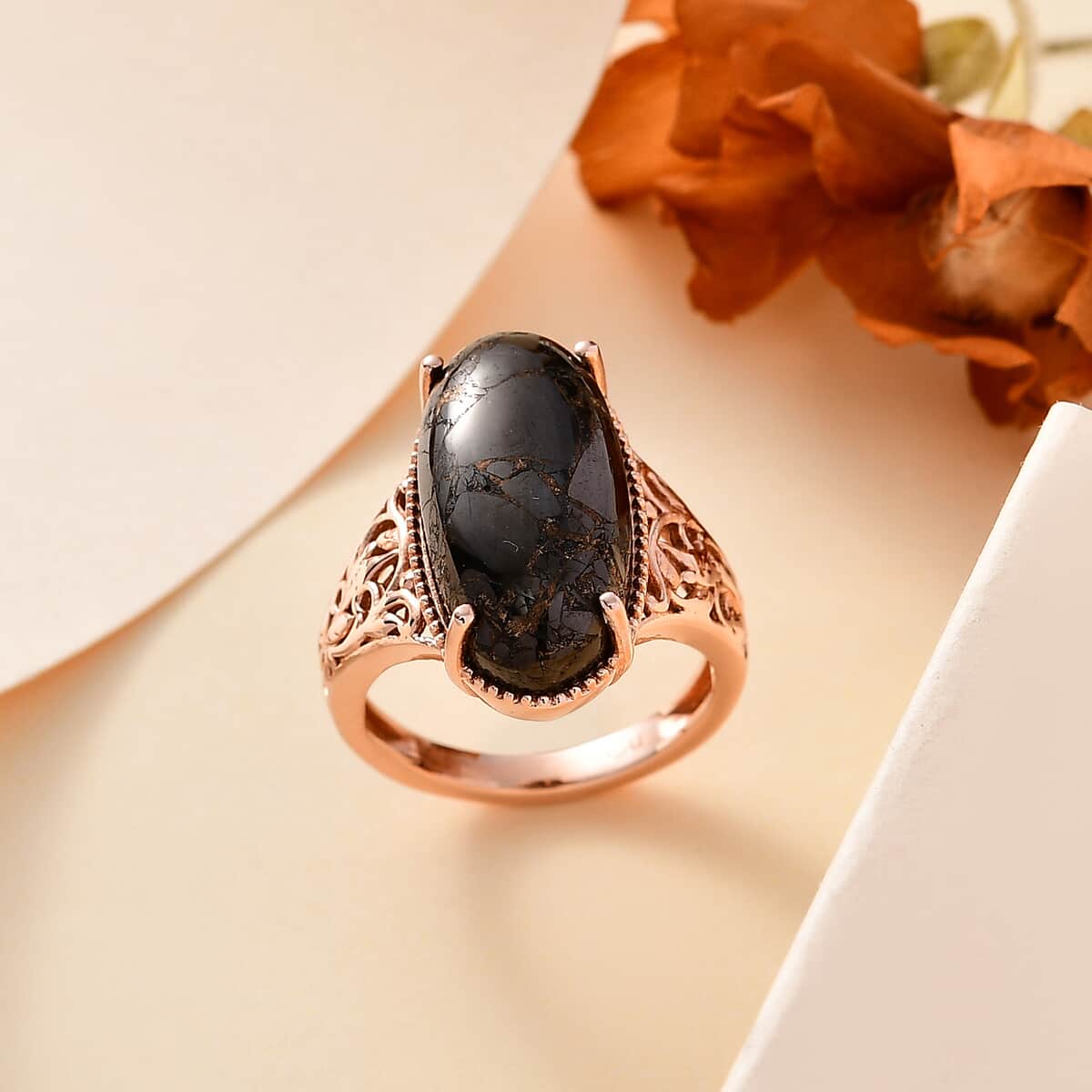 Matrix Silver Shungite 7.65 ctw Solitaire Ring in 14K RG Over Copper with Magnet (Size 6.0) image number 1