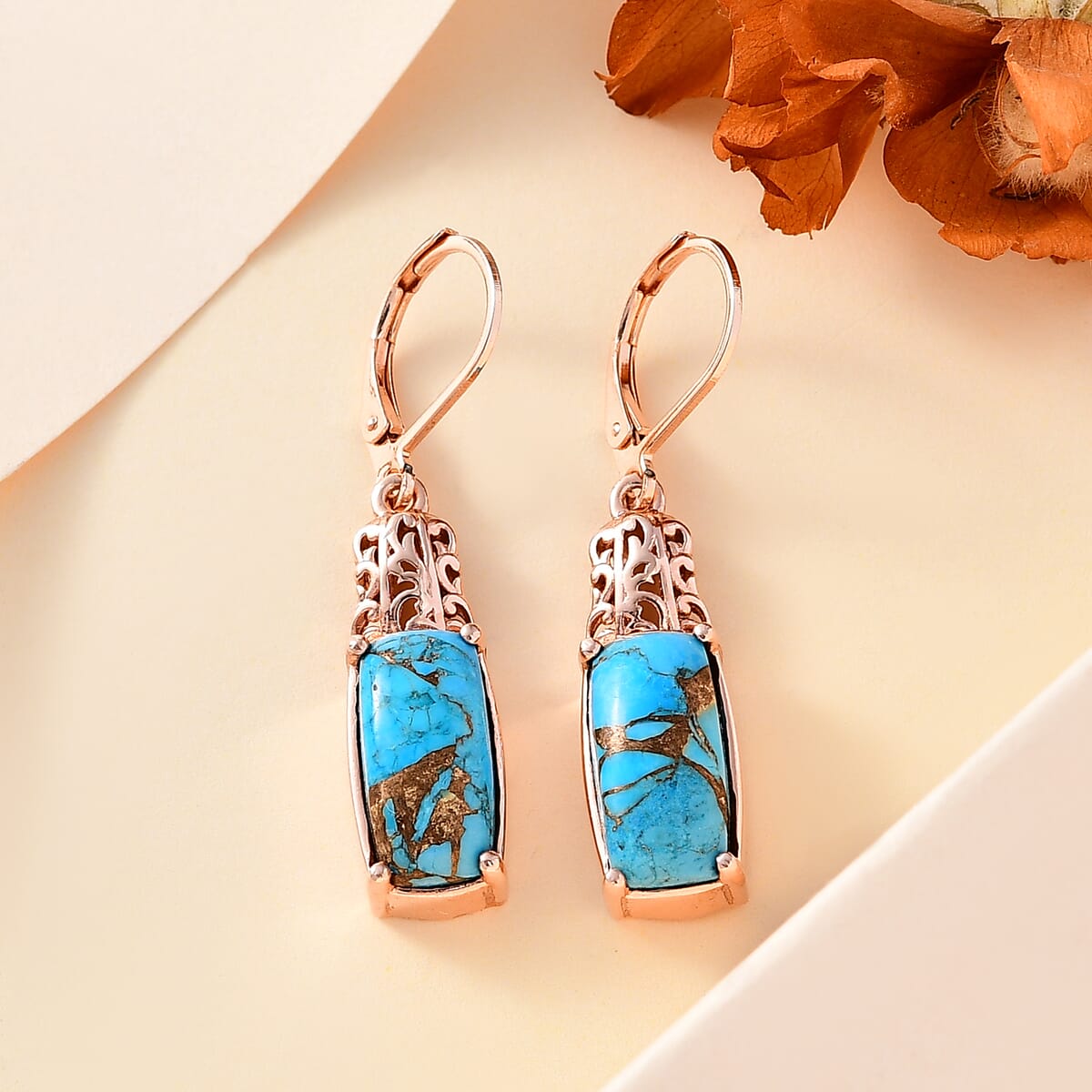 EverTrue Matrix Chestnut Brine Turquoise 6.60 ctw Solitaire Lever Back Earrings in 14K Rose Gold Over Copper with Magnet image number 1