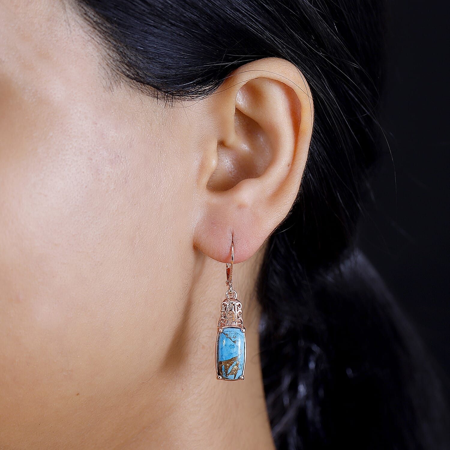 EverTrue Matrix Chestnut Brine Turquoise 6.60 ctw Solitaire Lever Back Earrings in 14K Rose Gold Over Copper with Magnet