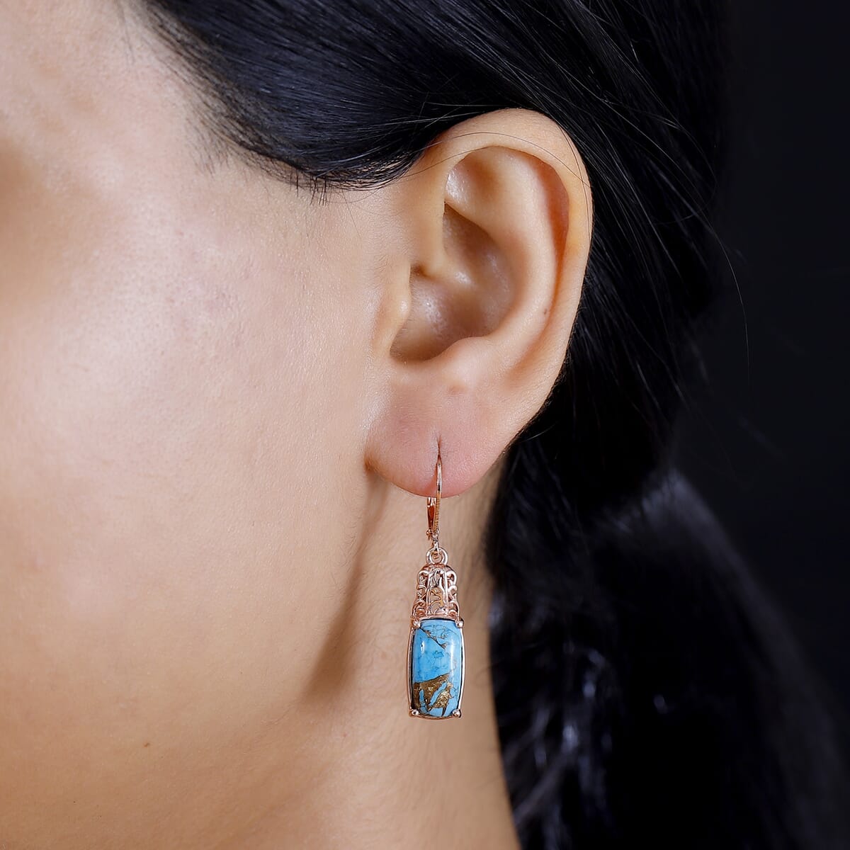 EverTrue Matrix Chestnut Brine Turquoise 6.60 ctw Solitaire Lever Back Earrings in 14K Rose Gold Over Copper with Magnet image number 2