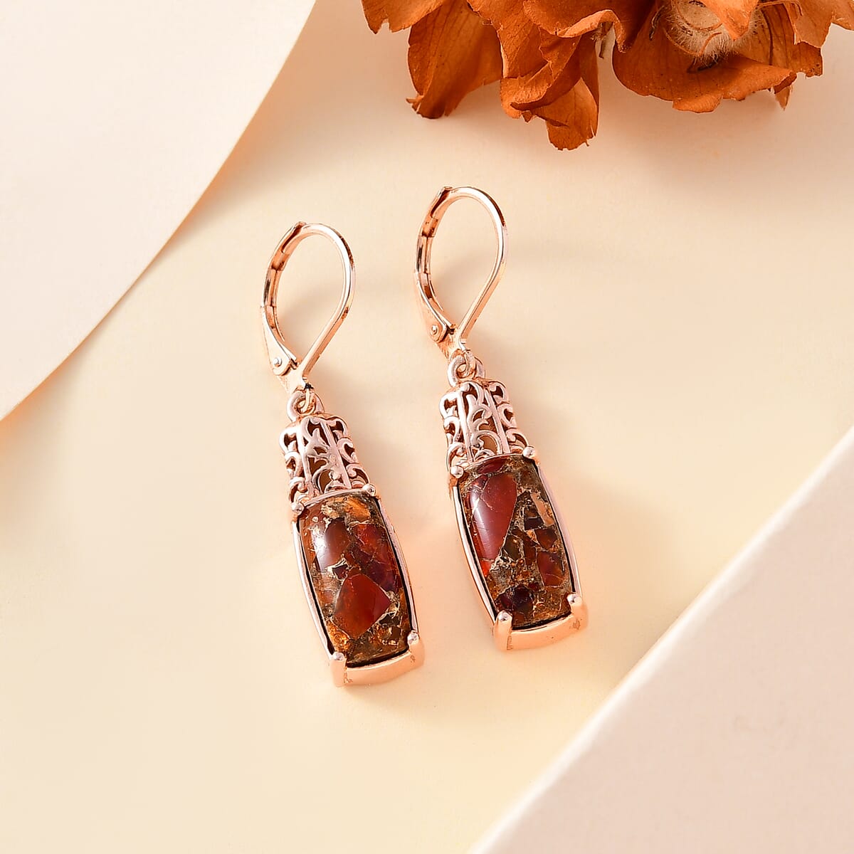 EverTrue Matrix Fire Opal 5.80 ctw Solitaire Lever Back Earrings in 14K Rose Gold Over Copper with Magnet image number 1