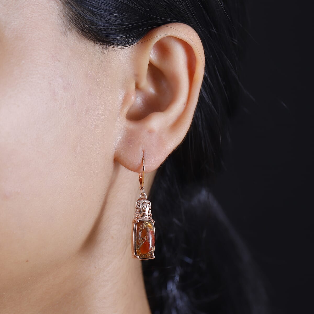 EverTrue Matrix Fire Opal 5.80 ctw Solitaire Lever Back Earrings in 14K Rose Gold Over Copper with Magnet image number 2
