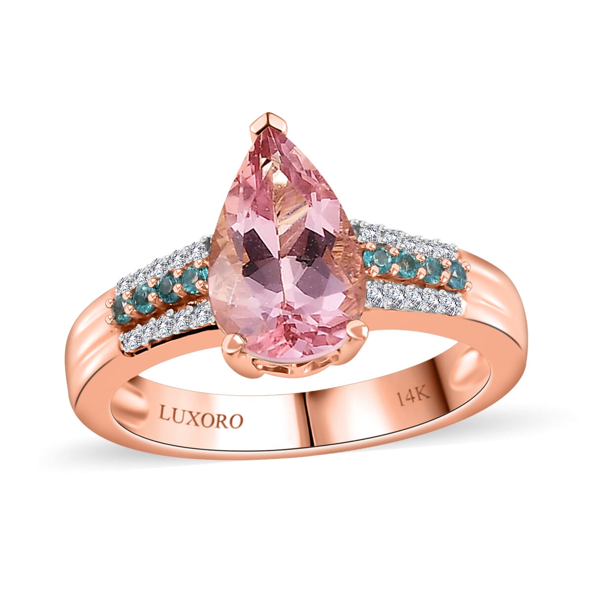 Luxoro AAA Pink Morganite, Paraiba Tourmaline and G-H I2 Diamond 2.10 ctw Ring in 14K Rose Gold (Size 5.0) 4.25 Grams image number 0