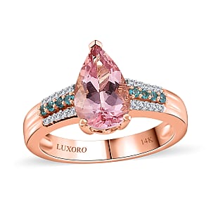 Luxoro AAA Pink Morganite, Paraiba Tourmaline and G-H I2 Diamond 2.10 ctw Ring in 14K Rose Gold (Size 5.0) 4.25 Grams