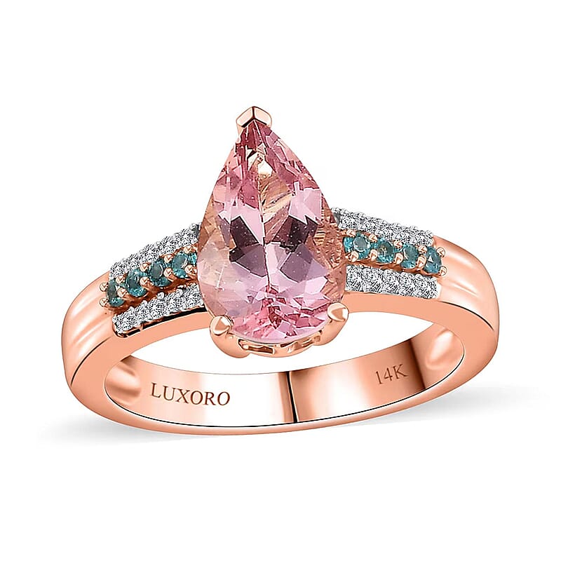 Luxoro AAA Pink Morganite, Paraiba Tourmaline and G-H I2 Diamond 2.10 ctw Ring in 14K Rose Gold (Size 5.0) 4.25 Grams