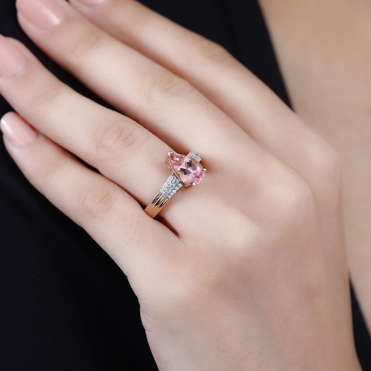 Luxoro AAA Pink Morganite, Paraiba Tourmaline and G-H I2 Diamond 2.10 ctw Ring in 14K Rose Gold (Size 5.0) 4.25 Grams image number 2