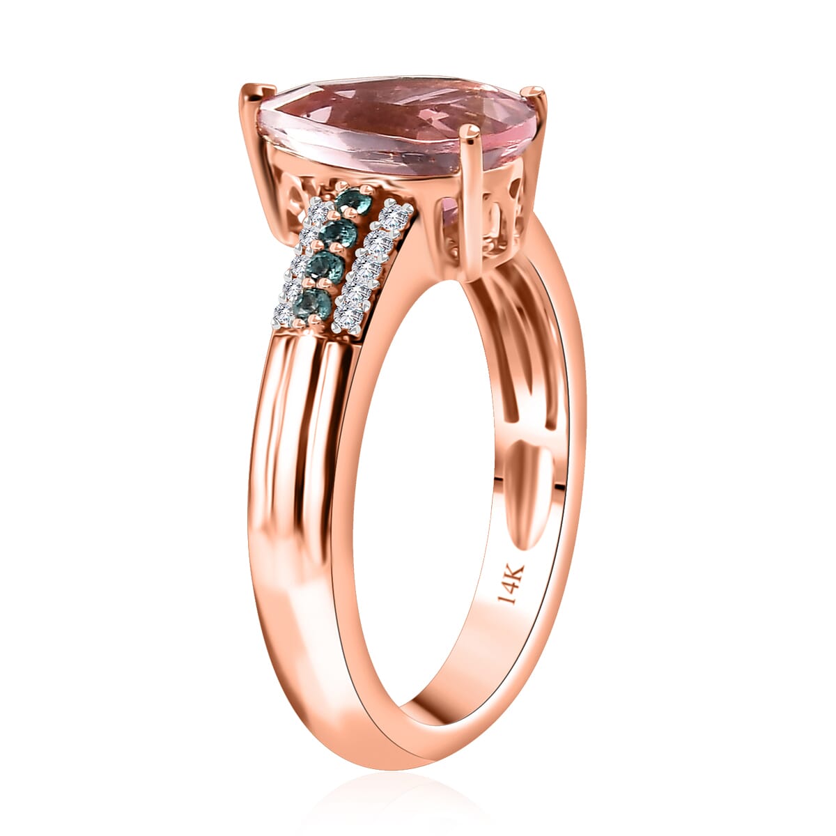 Luxoro AAA Pink Morganite, Paraiba Tourmaline and G-H I2 Diamond 2.10 ctw Ring in 14K Rose Gold (Size 5.0) 4.25 Grams image number 3