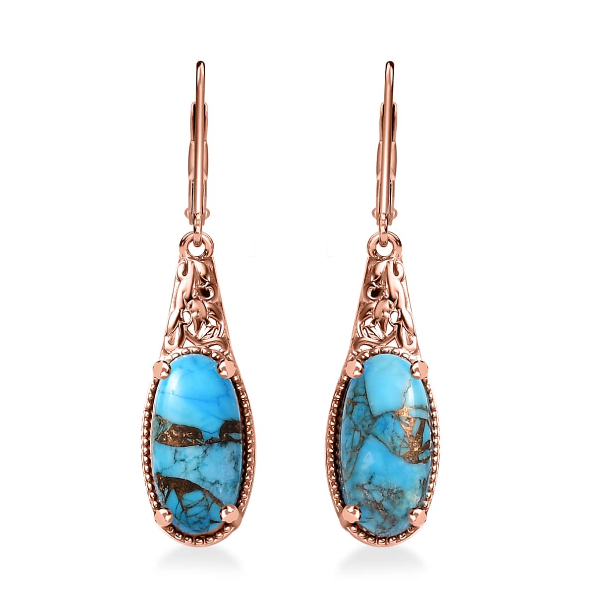 Matrix Chestnut Brine Turquoise 5.85 ctw Solitaire Lever Back Earrings in 14K RG Over Copper with Magnet and ION Plated RG Stainless Steel image number 0