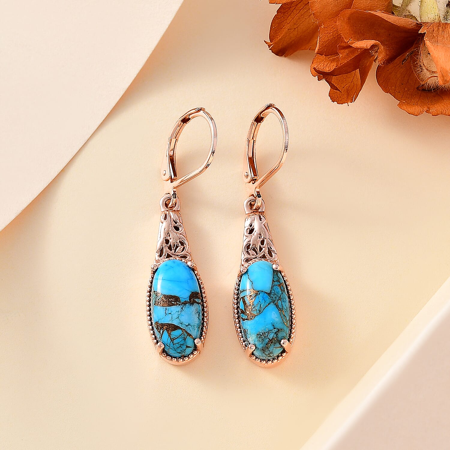 Matrix Chestnut Brine Turquoise 5.85 ctw Solitaire Lever Back Earrings in 14K RG Over Copper with Magnet and ION Plated RG Stainless Steel