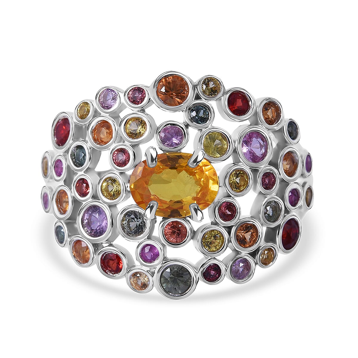 Premium Multi Sapphire Art & Deco Ring in Rhodium Over Sterling Silver (Size 10.0) 2.80 ctw