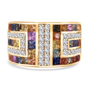 Premium Multi Sapphire and Moissanite 3.65 ctw Art Deco Ring in 18K Vermeil Yellow Gold Over Sterling Silver (Size 10.0)