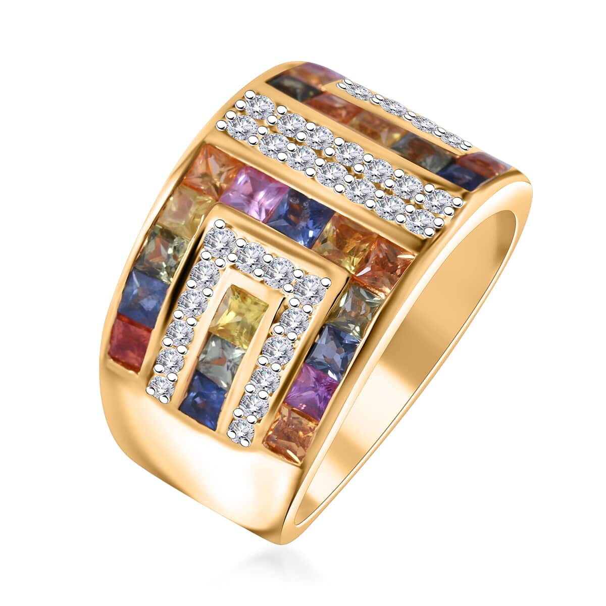 Premium Multi Sapphire, Moissanite Rainbow Ring in 18K Vermeil YG Over Sterling Silver (Size 10.0) 3.65 ctw image number 2