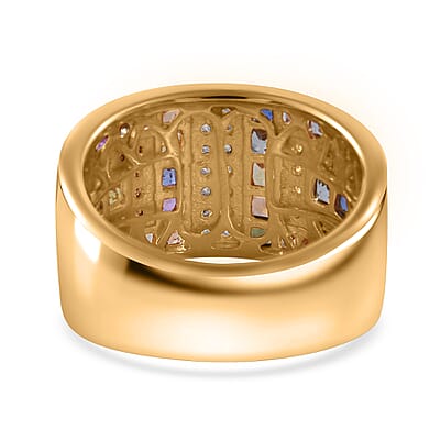 Premium Multi Sapphire and Moissanite 3.65 ctw Art Deco Ring in 18K Vermeil Yellow Gold Over Sterling Silver (Size 10.0)