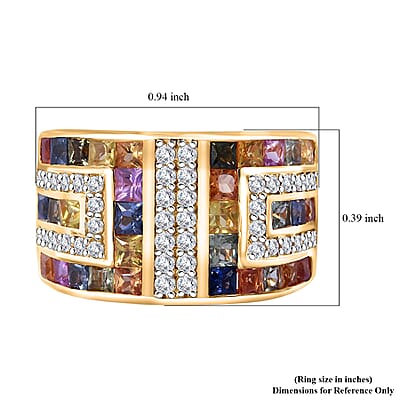 Premium Multi Sapphire and Moissanite 3.65 ctw Art Deco Ring in 18K Vermeil Yellow Gold Over Sterling Silver (Size 10.0)