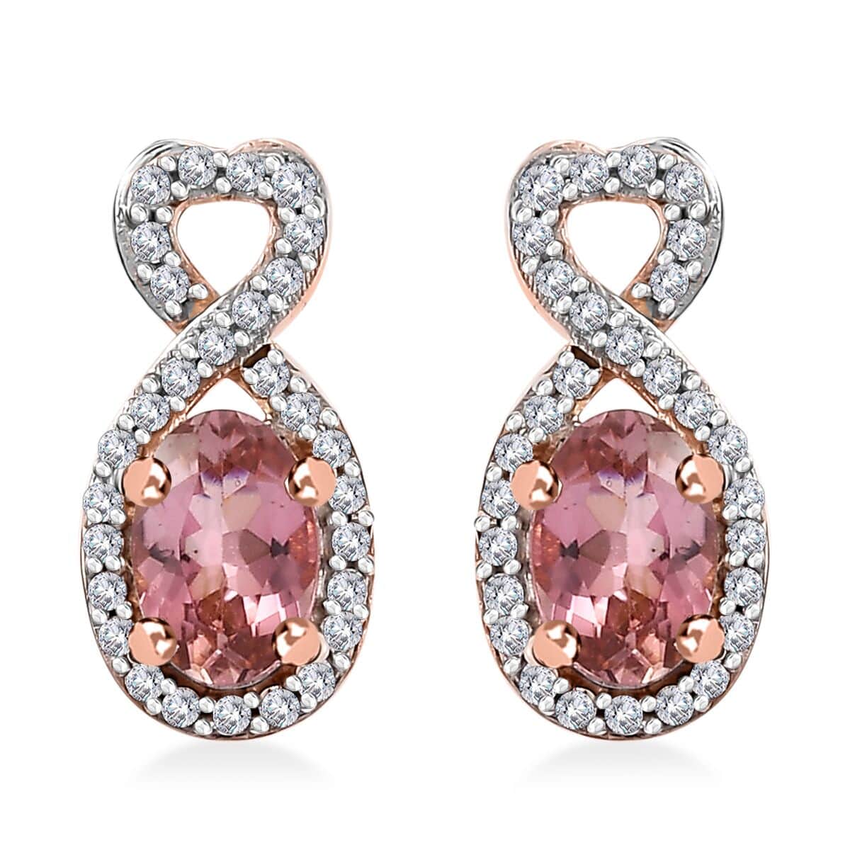 Premium Blush Tourmaline and White Zircon 1.25 ctw Heart Earrings in 18K Vermeil Rose Gold Over Sterling Silver image number 0