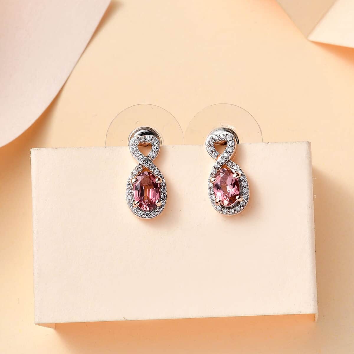 Premium Blush Tourmaline and White Zircon 1.25 ctw Heart Earrings in 18K Vermeil Rose Gold Over Sterling Silver image number 1