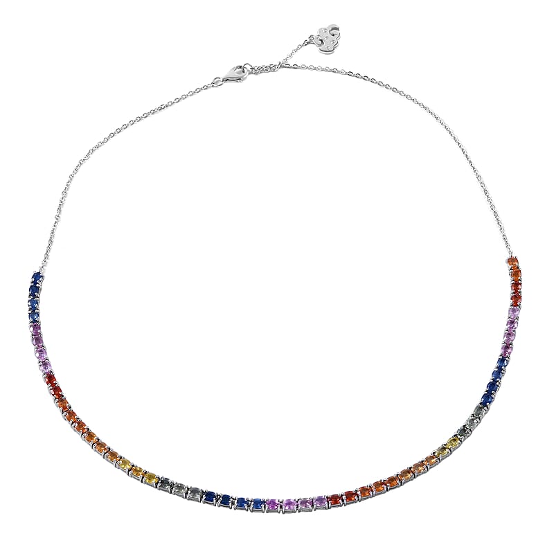 Premium Multi Sapphire and Moissanite 11.60 ctw Tennis Necklace in Rhodium Over Sterling Silver 18 Inches