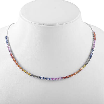 Premium Multi Sapphire and Moissanite 11.60 ctw Tennis Necklace in Rhodium Over Sterling Silver 18 Inches