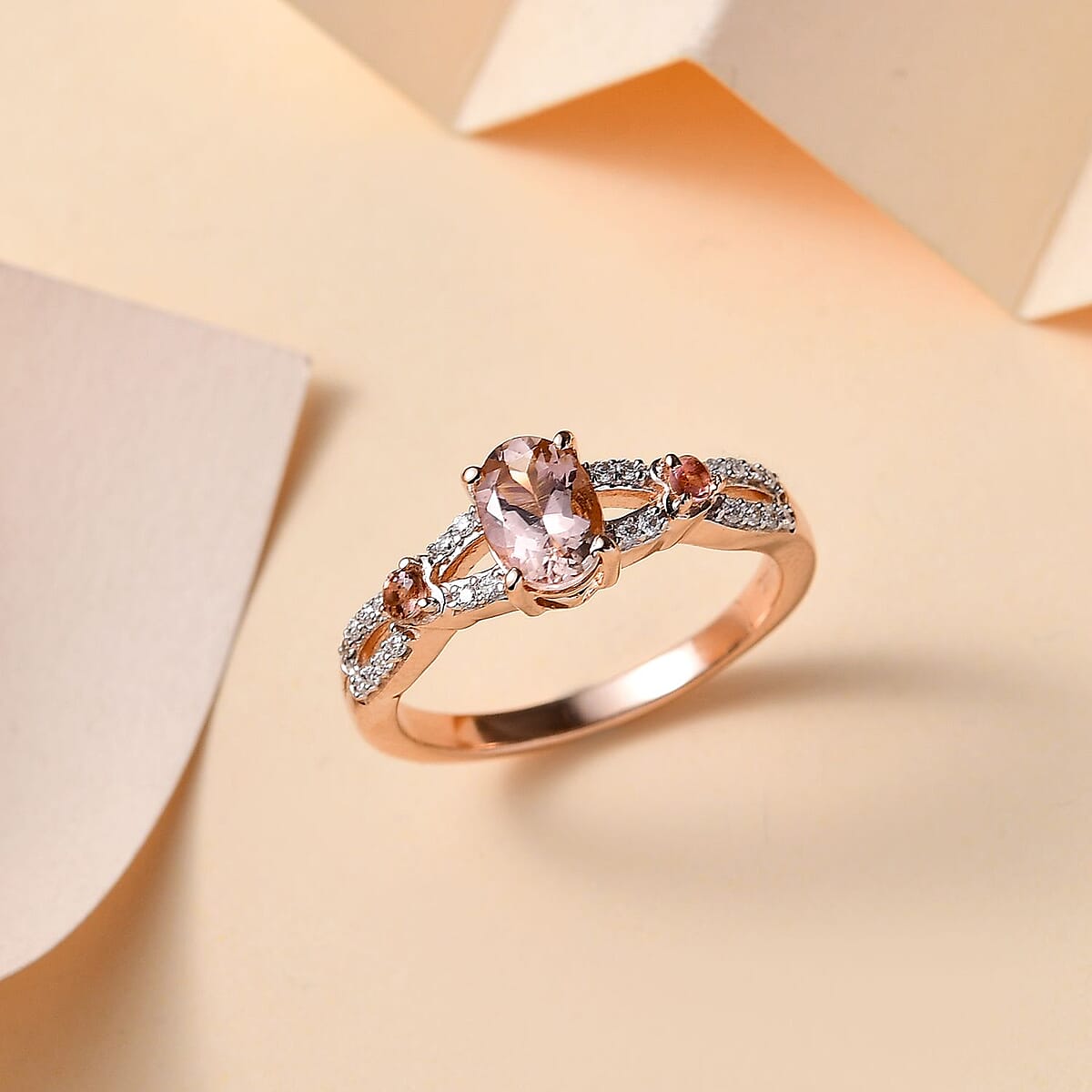 Premium Blush Tourmaline and Moissanite 1.10 ctw Heart Ring in 18K Vermeil Rose Gold Over Sterling Silver (Size 5.0) image number 1