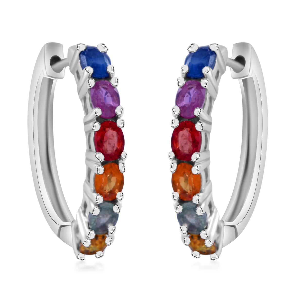 Premium Multi Sapphire 2.65 ctw Hoop Earrings in Rhodium Over Sterling Silver image number 0