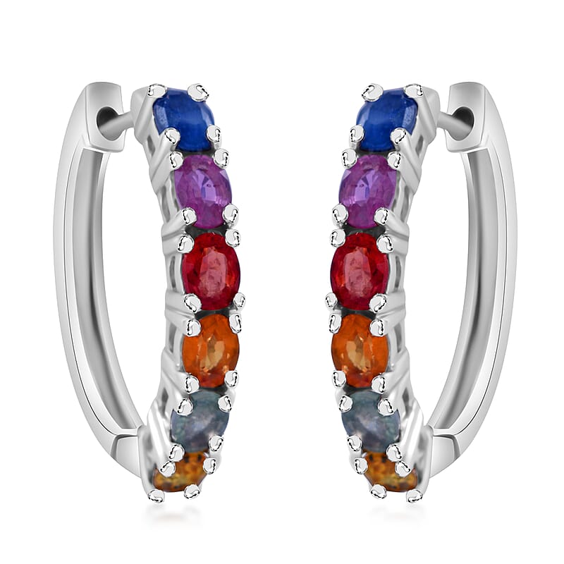 Premium Multi Sapphire 2.65 ctw Hoop Earrings in Rhodium Over Sterling Silver