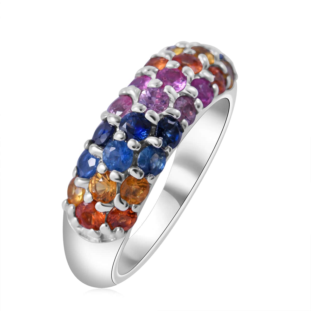 Premium Multi Sapphire Rainbow Ring in Rhodium Over Sterling Silver (Size 10.0) 2.10 ctw image number 1