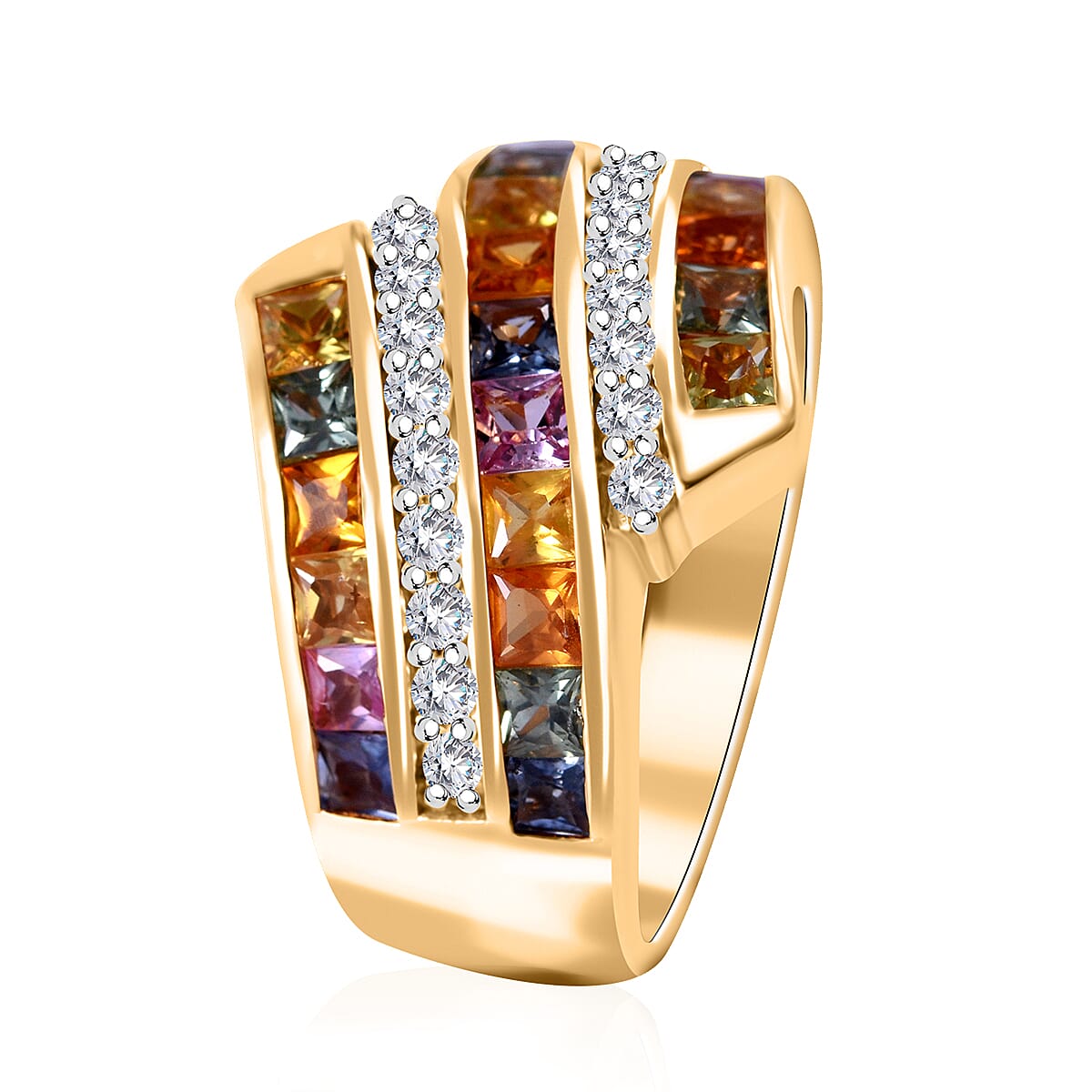 Premium Multi Sapphire and Moissanite 3.00 ctw Bypass Ring in 18K Vermeil Yellow Gold Over Sterling Silver (Size 10.0)