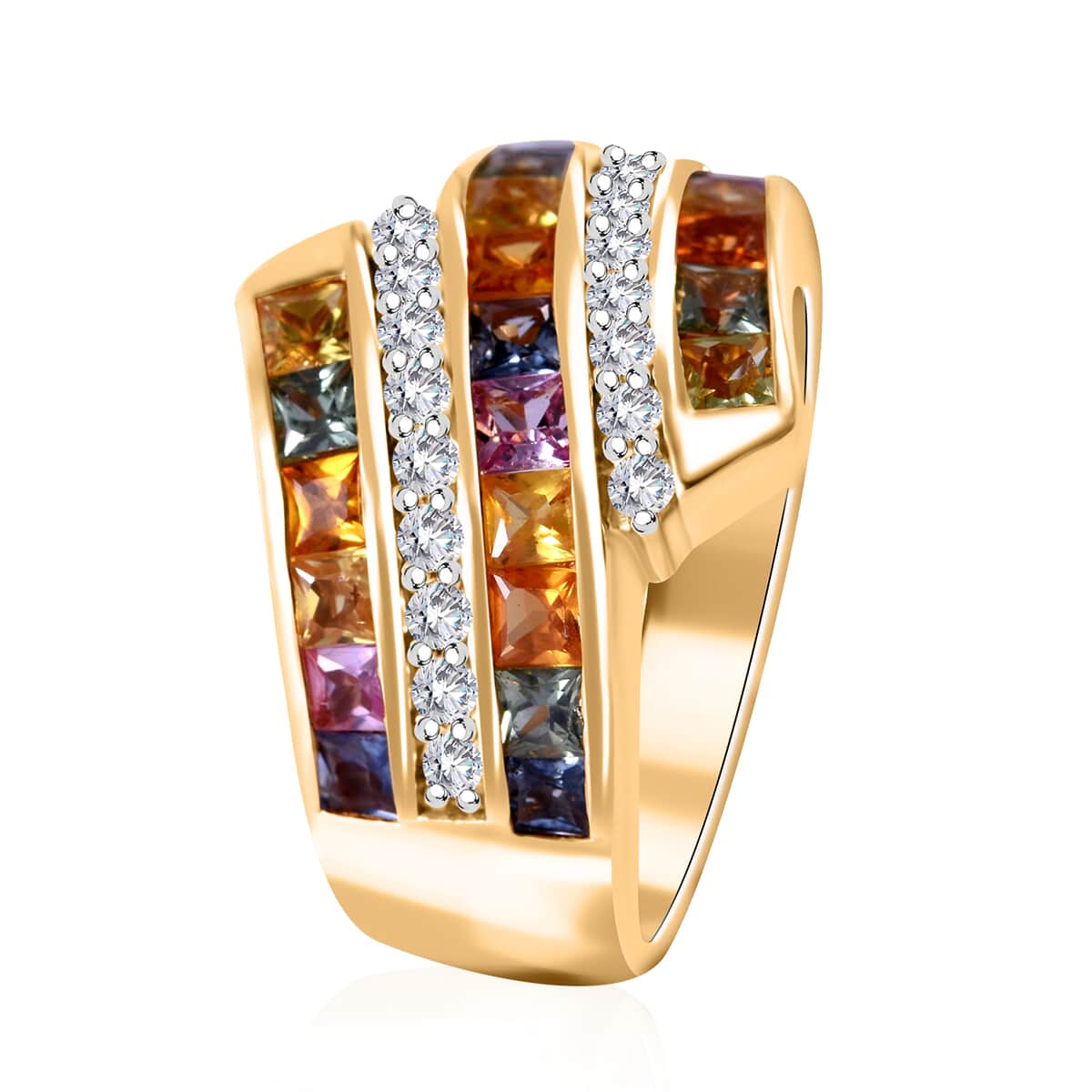 Premium Multi Sapphire and Moissanite 3.00 ctw Bypass Ring in 18K Vermeil Yellow Gold Over Sterling Silver (Size 10.0) image number 2