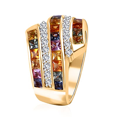 Premium Multi Sapphire and Moissanite 3.00 ctw Bypass Ring in 18K Vermeil Yellow Gold Over Sterling Silver (Size 10.0)