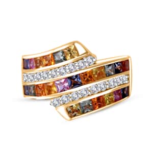 Premium Multi Sapphire and Moissanite 3.00 ctw Bypass Ring in 18K Vermeil Yellow Gold Over Sterling Silver (Size 9.0)