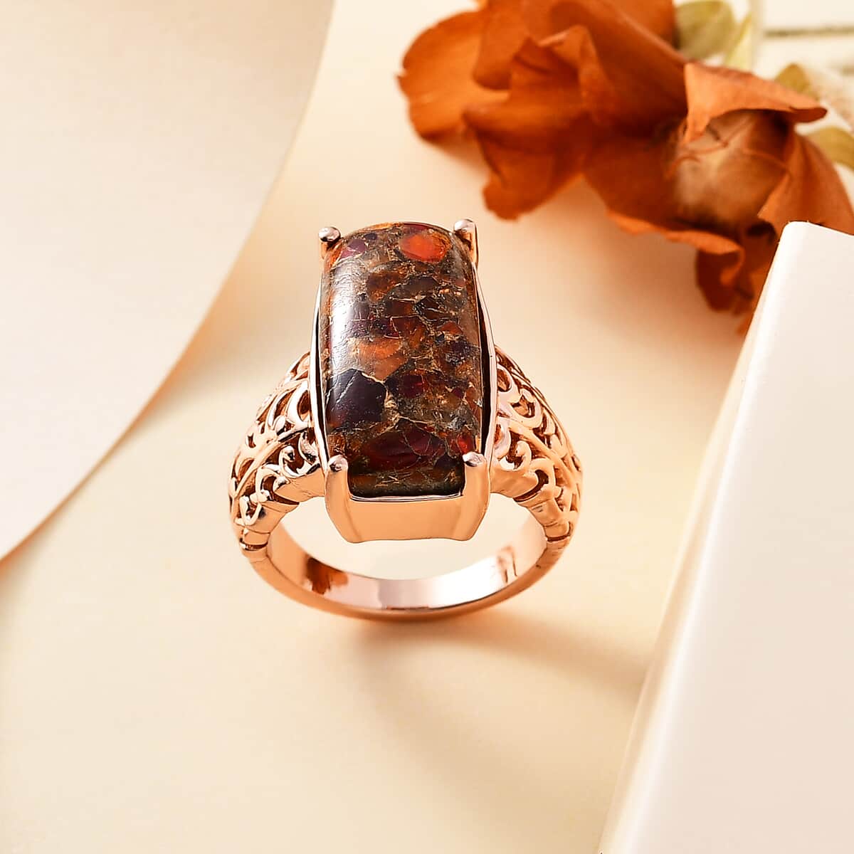 Matrix Fire Opal 8.40 ctw Solitaire Ring in 14K Rose Gold Over Copper with Magnet (Size 7.0) image number 1