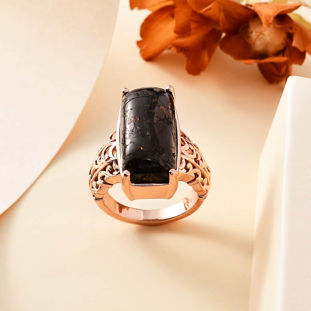 Matrix Silver Shungite 7.75 ctw Solitaire Ring in 14K Rose Gold Over Copper with Magnet (Size 6.0) image number 1