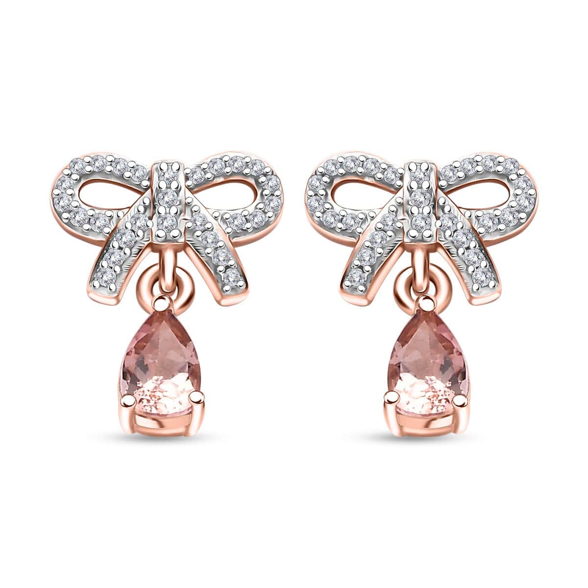 Premium Blush Tourmaline and White Zircon 0.70 ctw Love Knot Earrings in 18K Vermeil RG Over Sterling Silver image number 0