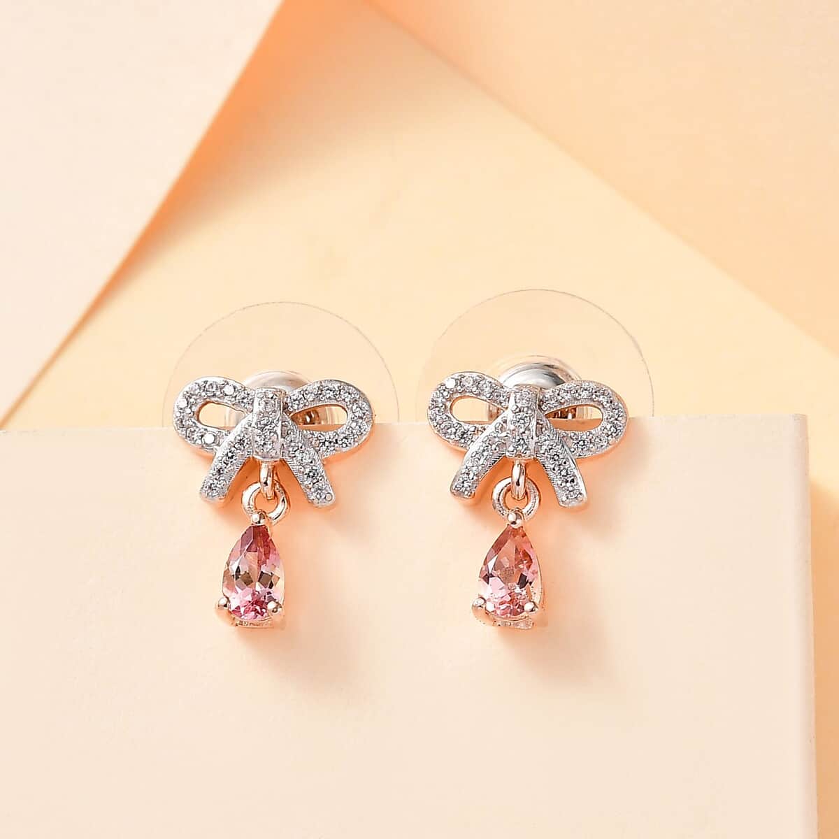 Premium Blush Tourmaline and White Zircon 0.70 ctw Love Knot Earrings in 18K Vermeil RG Over Sterling Silver image number 1