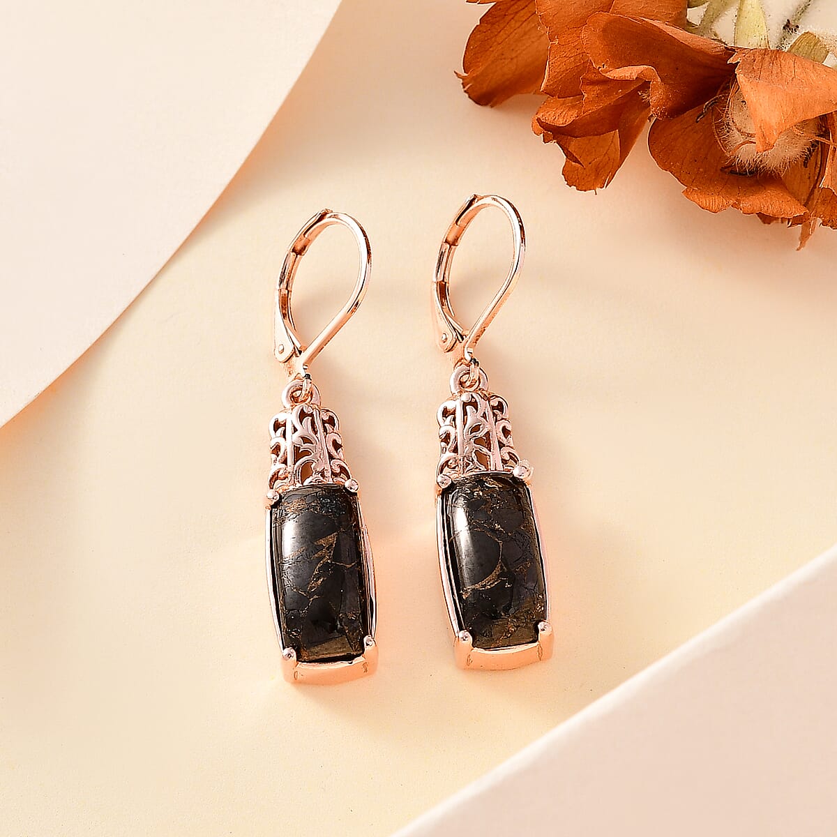 EverTrue Matrix Silver Shungite 5.50 ctw Solitaire Lever Back Earrings in 14K Rose Gold Over Copper with Magnet image number 1