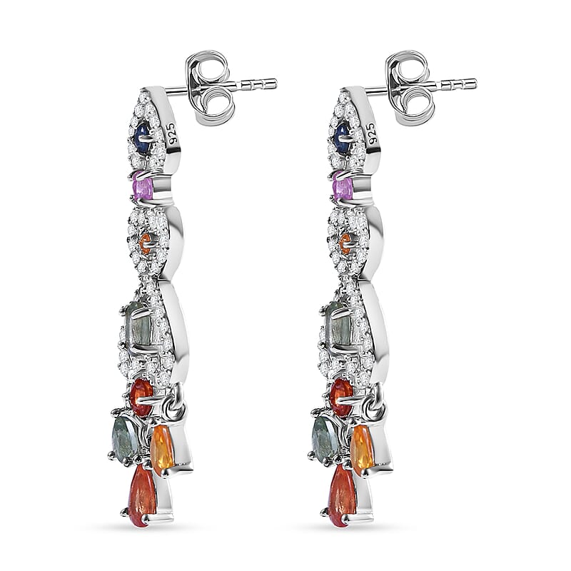 Premium Multi Sapphire and White Zircon 3.25 ctw Chandelier Earrings in Rhodium Over Sterling Silver