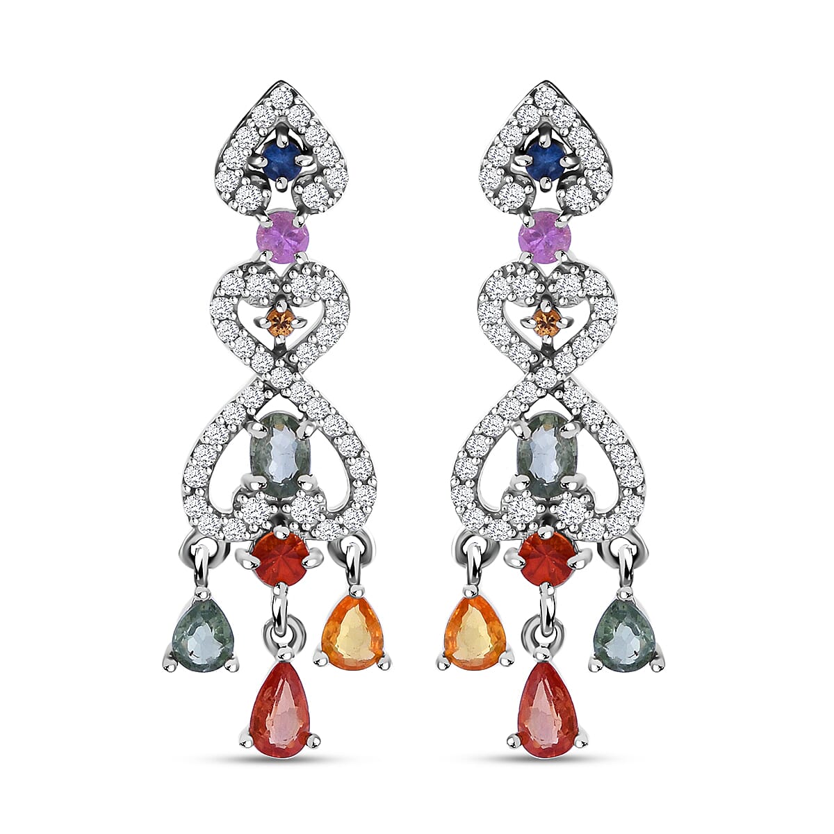 Premium Multi Sapphire and White Zircon 3.25 ctw Chandelier Earrings in Rhodium Over Sterling Silver