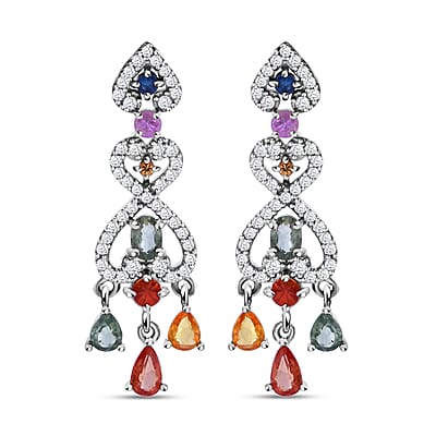 Premium Multi Sapphire and White Zircon 3.25 ctw Chandelier Earrings in Rhodium Over Sterling Silver