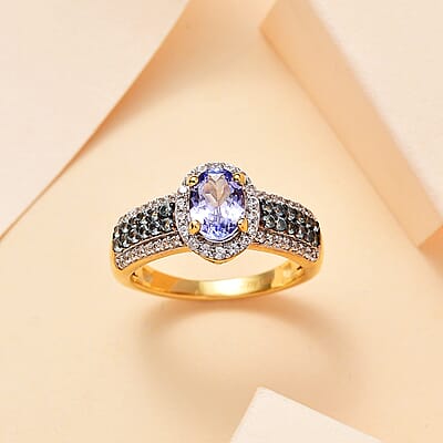 Tanzanite and Multi Gemstone 1.50 ctw Peacock Feather Ring in 18K Vermeil Yellow Gold Over Sterling Silver (Size 10.0)