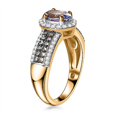 Tanzanite and Multi Gemstone 1.50 ctw Peacock Feather Ring in 18K Vermeil Yellow Gold Over Sterling Silver (Size 10.0)