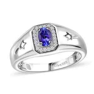 AAA Tanzanite and Moissanite 0.60 ctw Men's Ring in Rhodium Over Sterling Silver (Size 10.0)