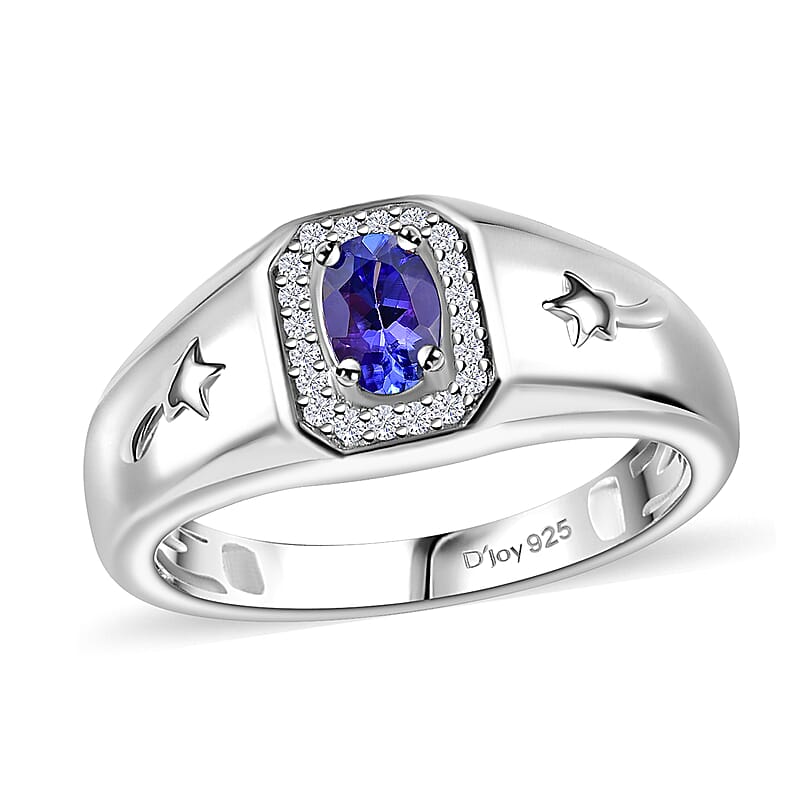 AAA Tanzanite and Moissanite 0.60 ctw Celestial Men's Ring in Rhodium Over Sterling Silver (Size 10.0)