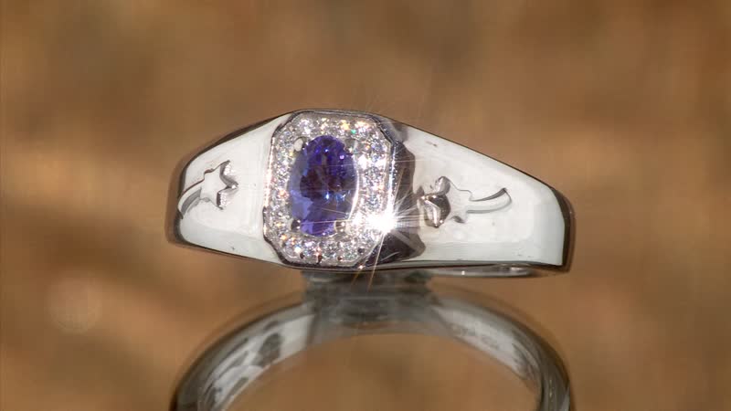 AAA Tanzanite, Moissanite Men's Ring in Rhodium Over Sterling Silver (Size 10.0) 0.60 ctw