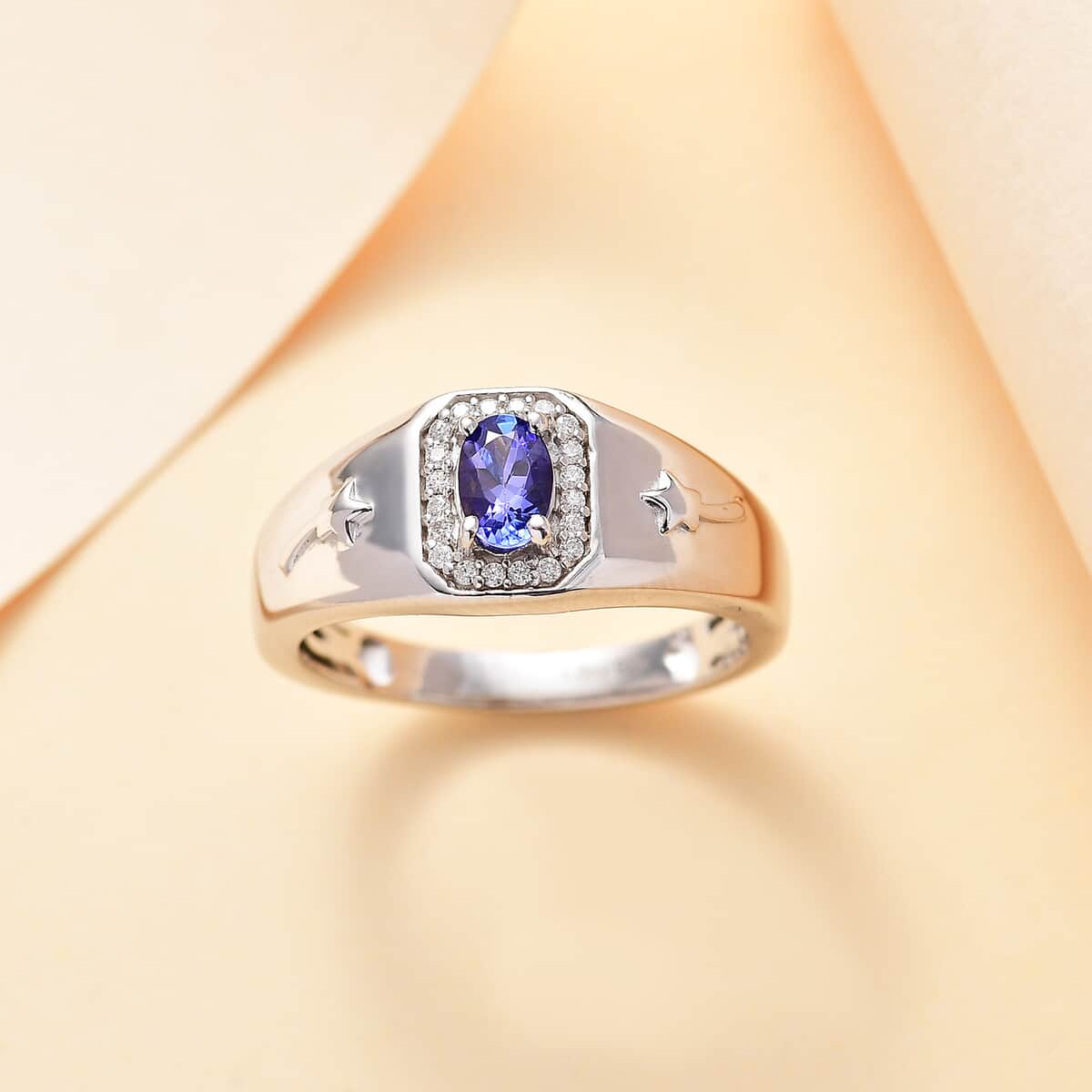 AAA Tanzanite and Moissanite 0.60 ctw Celestial Men's Ring in Rhodium Over Sterling Silver (Size 10.0) image number 1