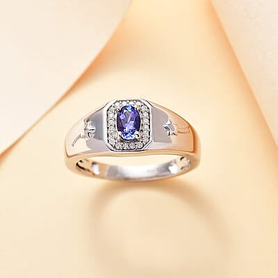 AAA Tanzanite and Moissanite 0.60 ctw Celestial Men's Ring in Rhodium Over Sterling Silver (Size 10.0)