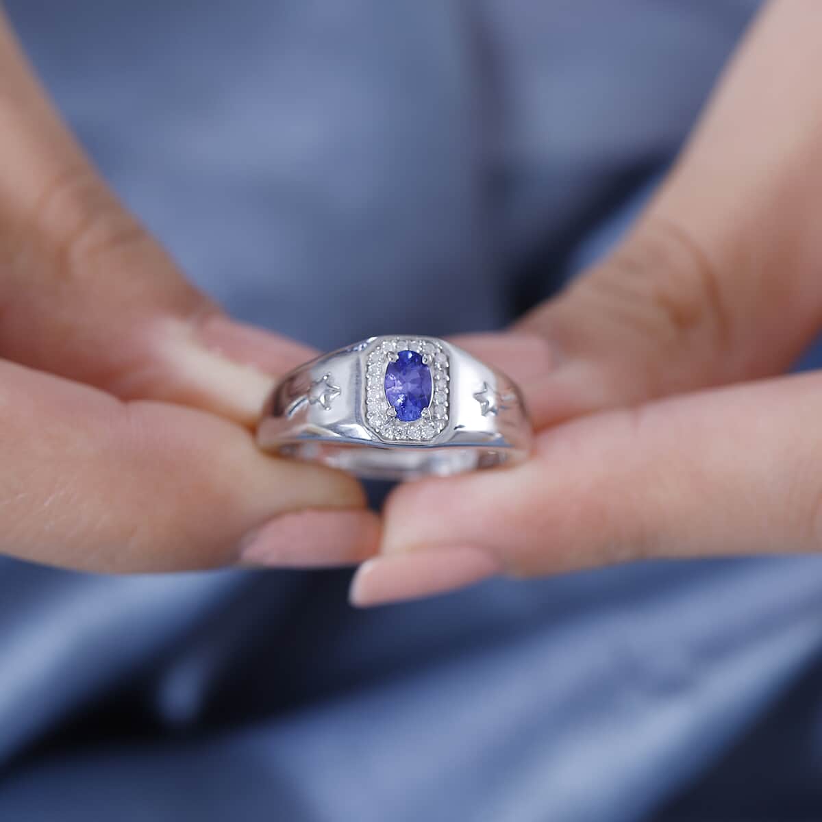 AAA Tanzanite and Moissanite 0.60 ctw Celestial Men's Ring in Rhodium Over Sterling Silver (Size 10.0) image number 2