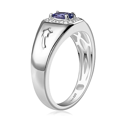 AAA Tanzanite and Moissanite 0.60 ctw Celestial Men's Ring in Rhodium Over Sterling Silver (Size 10.0)