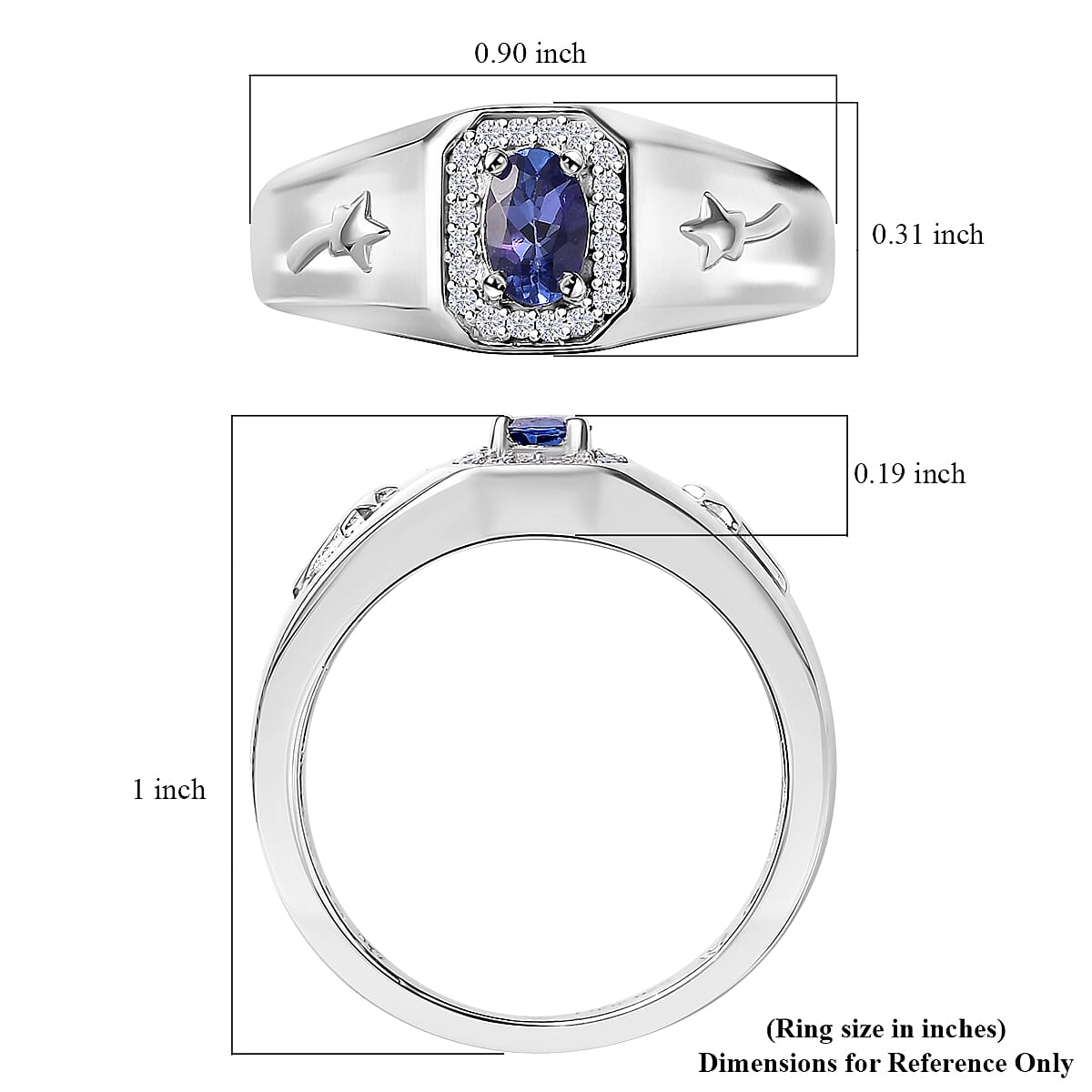 AAA Tanzanite and Moissanite 0.60 ctw Celestial Men's Ring in Rhodium Over Sterling Silver (Size 10.0)